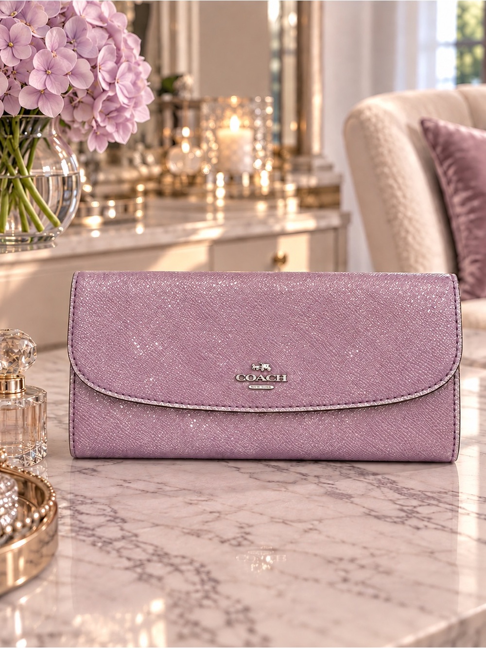 COACH Glitter Slim Soft Wallet Silver/Lilac Crossgrain Leather